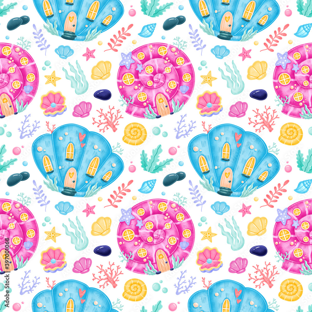 Naklejka premium Cute cartoon mermaids seamless pattern. Mermaid castle pattern. Mermaid house pattren. Underwater world pattern. Fairy tale pattern.