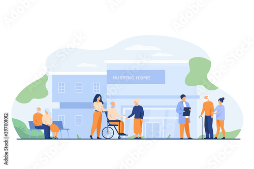 Nursing home residents. Old people walking outside with caregivers and visitors. Vector illustration for elderly care, age, retirement, hospice concept