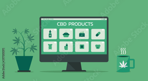 cannabis, hemp or marijuana online shopping and e-commerce website store with CBD products on computer monitor, vector flat illustration