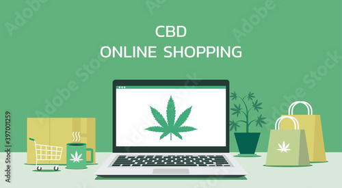 online store of cannabis on laptop monitor concept with hemp leaf icon and shopping bag and shopping cart, vector flat illustration