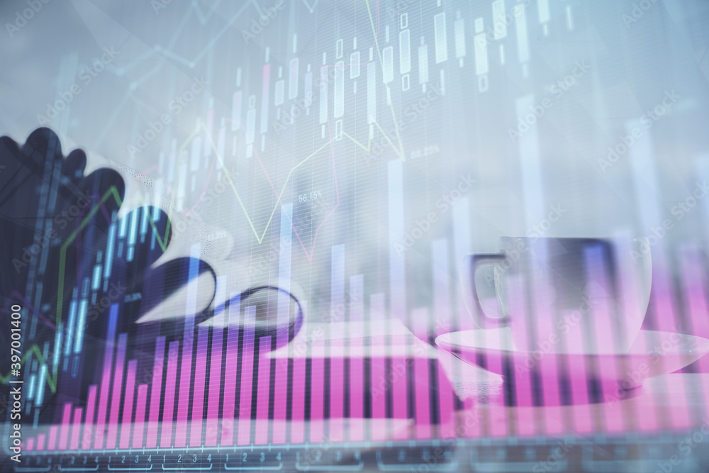 Double exposure of financial chart drawing and desktop with coffee and items on table background. Concept of forex market trading Double exposure of financial chart drawing and desktop with coffee and items on table background. Concept of forex market trading