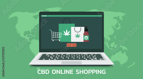 online store of cannabis on laptop around the world concept with shopping bags and CBD oil bottle on screen, vector flat illustration