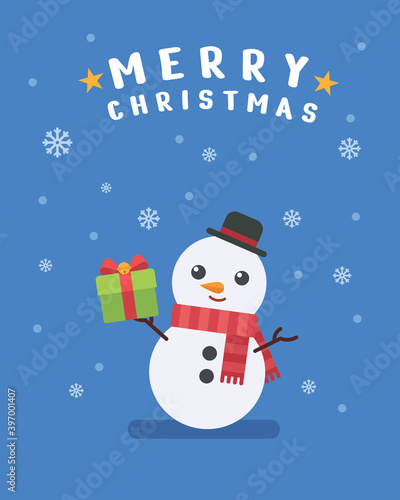 Cute snowman wearing hat and scarf holding gift on snow scene background. Flat vector cartoon illustration with Merry Christmas text.