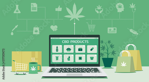medical marijuana products online shopping store web page on laptop concept with CBD or cannabis icon, vector flat illustration