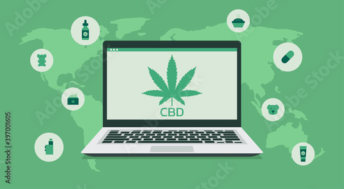 online store of cannabis on laptop monitor around the world concept with hemp leaf icon and CBD products icon, vector flat illustration