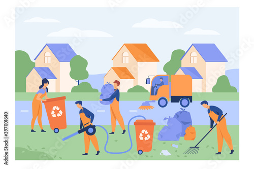 Cleaning workers picking up litter on suburban street, washing road, carrying bag with garbage to trash bin. Vector illustration for cleaner, janitor job, city service concept