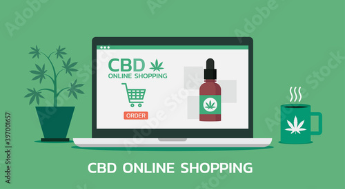 cannabis, hemp or marijuana online shopping and e-commerce website store with CBD oil bottle on laptop, vector flat illustration