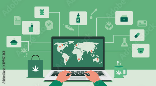 human hand using laptop computer for shopping cannabis online at home with CBD product icon, vector flat illustration