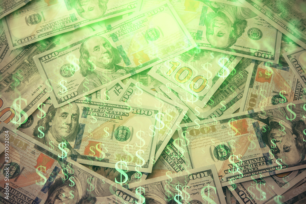 Multi exposure of forex chart drawing over us dollars bill background. Concept of financial success markets. Multi exposure of forex chart drawing over us dollars bill background. Concept of financial success markets.