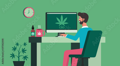 man using computer for online shopping to purchase CBD products at home, vector flat illustration
