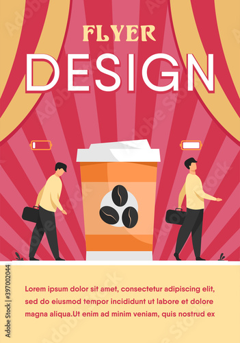 Man getting energy from cup of coffee. Caffeine addicted guy with disposal cup. Vector illustration for morning, coffee break, addiction, energetic drink concept