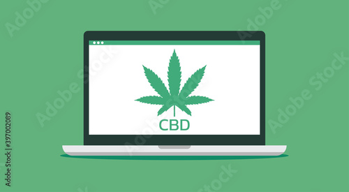 cannabis online shopping on laptop monitor concept with CBD leaf icon, vector flat illustration