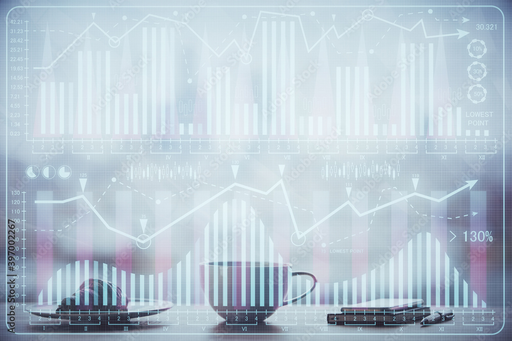 Double exposure of forex chart over coffee cup background in office. Concept of financial analysis and success. Double exposure of forex chart over coffee cup background in office. Concept of financial analysis and success.