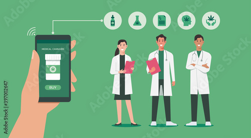 human hand holding smartphone using app for purchase CBD medicine online with doctor and nurse standing together, vector flat illustration