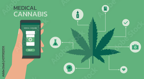 human hand holding smartphone using mobile app for purchase CBD medicine online, vector flat illustration