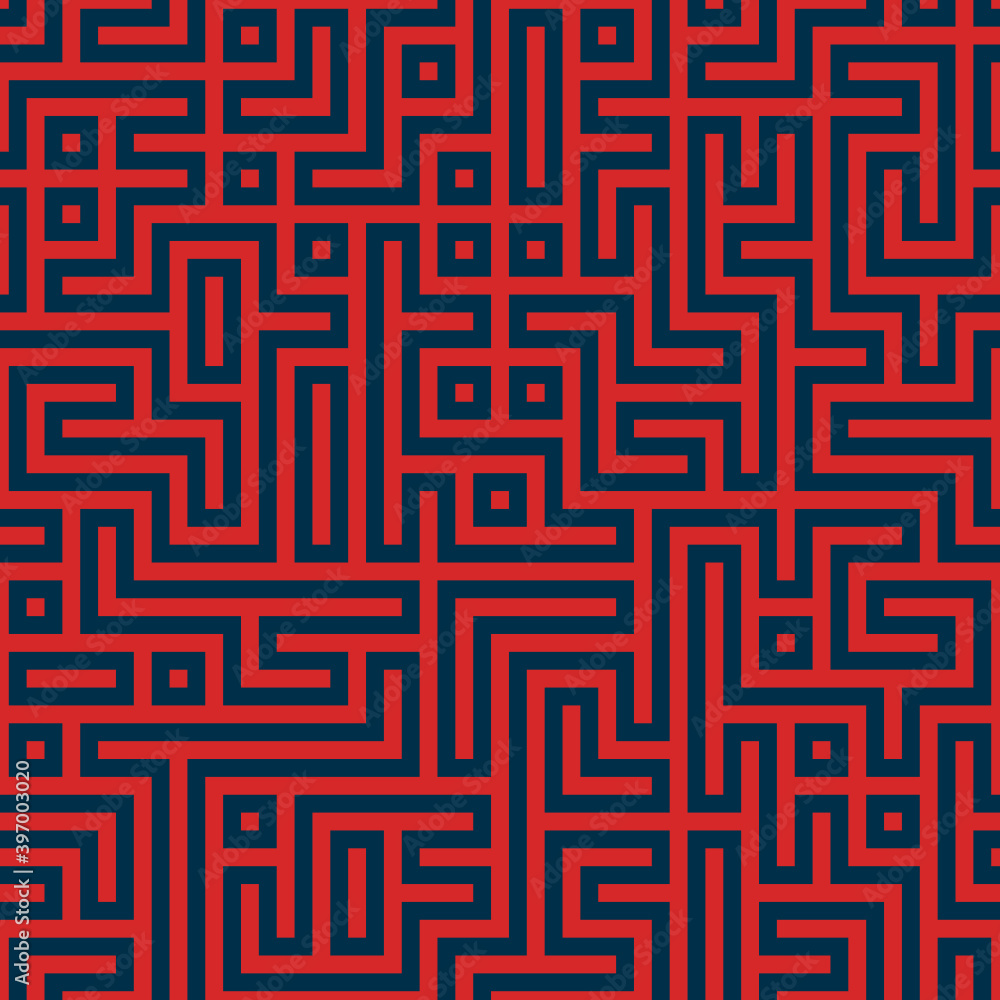 Seamless red and black maze background. Vector geometric pattern.