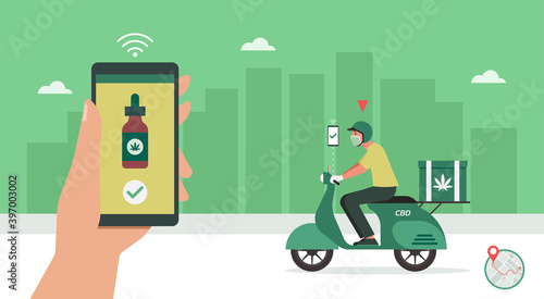 CBD delivery concept, delivery man riding bike on the way to customer home, human hand using smartphone with mobile app order cannabis online, smart logistic, vector flat illustration