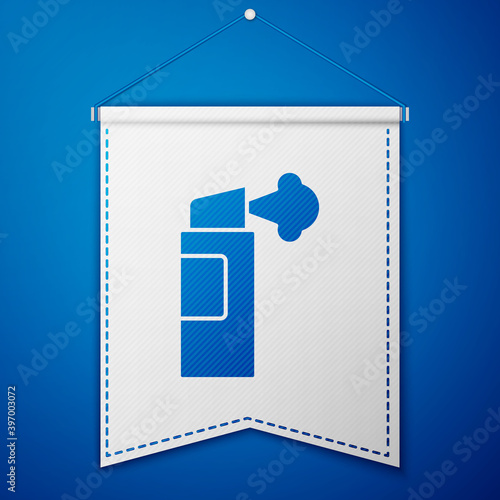 Blue Pepper spray icon isolated on blue background. OC gas. Capsicum self defense aerosol. White pennant template. Vector.