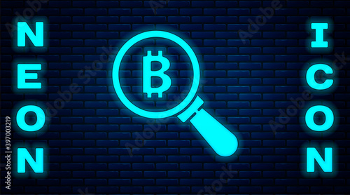 Glowing neon Magnifying glass with Bitcoin icon isolated on brick wall background. Physical bit coin. Blockchain based secure crypto currency. Vector.