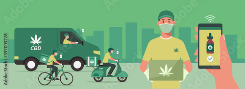 CBD delivery concept, delivery men on vihecles on the way and holding box waiting for customer, human hand using phone with mobile app order cannabis online, smart logistic, vector flat illustration