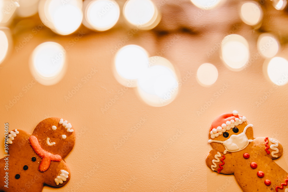Special New Year's background with elements of the Christmas cookies, festive lights, Christmas ornaments, copy space
