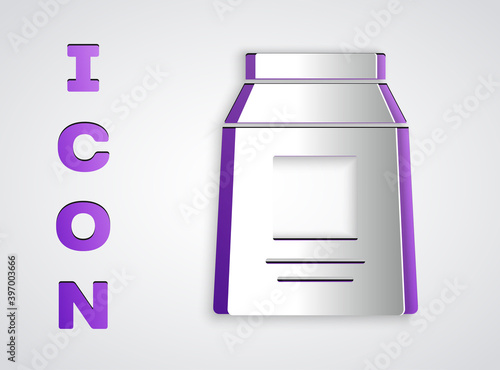 Paper cut Sports nutrition bodybuilding proteine power drink and food icon isolated on grey background. Paper art style. Vector.