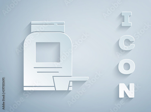 Paper cut Sports nutrition bodybuilding proteine power drink and food icon isolated on grey background. Paper art style. Vector.