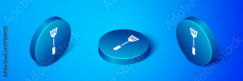 Isometric Fly swatter icon isolated on blue background. Blue circle button. Vector.