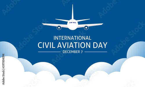 Vector illustration of civil airplane with blue sky and white clouds as background, as a banner or poster on international civil aviation day.