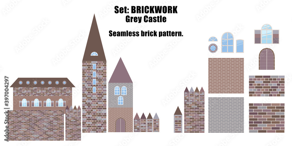 Grey Castle. Seamless patterns. Set: Brickwork. Items and construction details made of bricks. Can be used for social media, posters, email, print, ads designs.