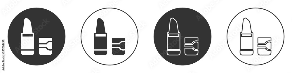 Black Lipstick icon isolated on white background. Circle button. Vector. Black Lipstick icon isolated on white background. Circle button. Vector.