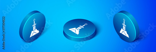 Isometric Sword in the stone icon isolated on blue background. Excalibur the sword in the stone from the Arthurian legends. Blue circle button. Vector.