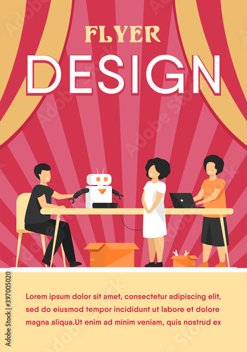 Children presenting cyborg at robotics class. Children showing robot to teacher. Vector illustration for education, robotic technology, school project concept