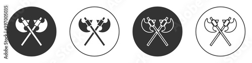 Black Crossed medieval axes icon isolated on white background. Battle axe, executioner axe. Medieval weapon. Circle button. Vector.