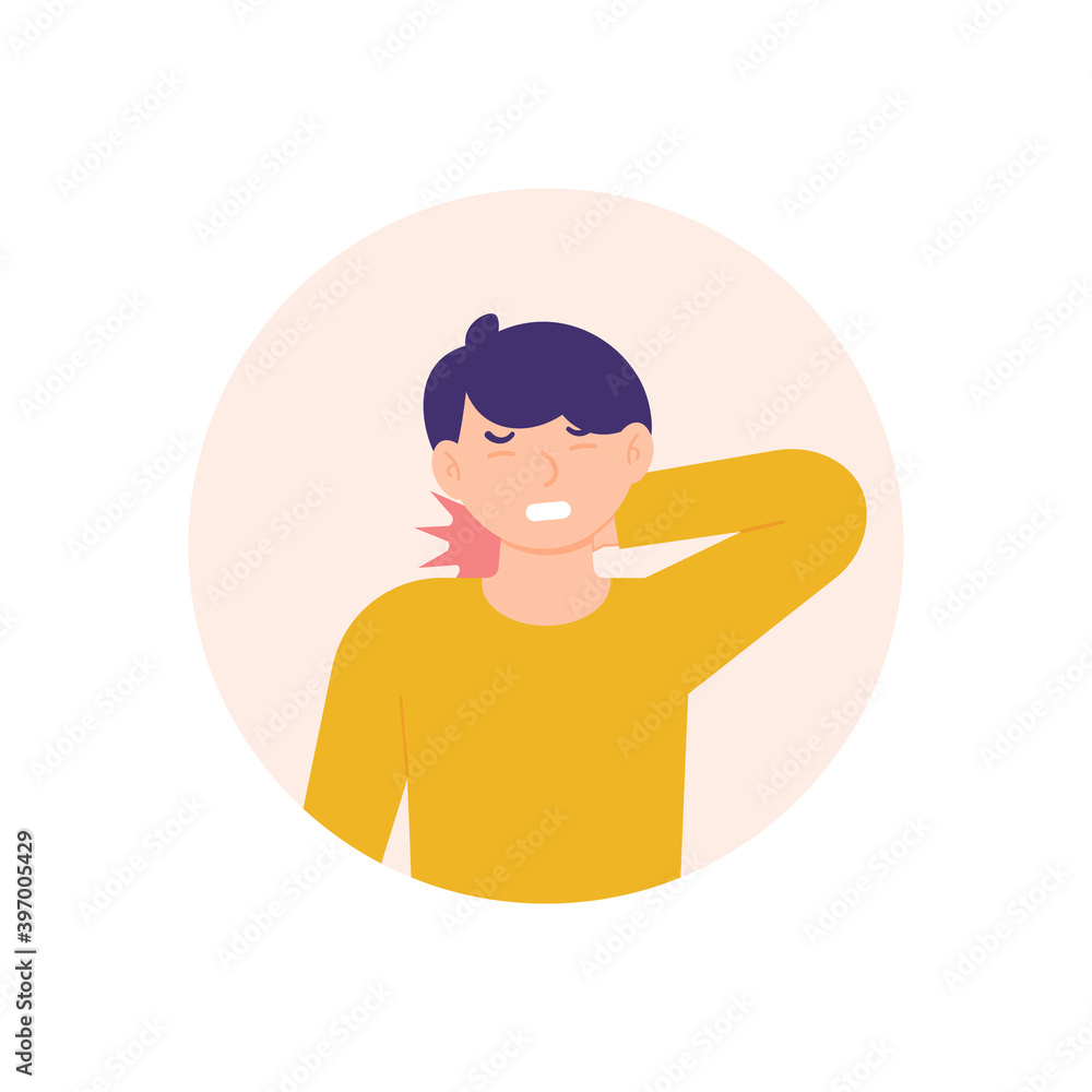 illustration of a man holding his neck because the neck feels stiff and sore. experiencing neck pain, muscle pain, osteoarthritis, pinched nerves, rheumatism, and fibromyalgia. flat style design illustration of a man holding his neck because the neck feels stiff and sore. experiencing neck pain, muscle pain, osteoarthritis, pinched nerves, rheumatism, and fibromyalgia. flat style design