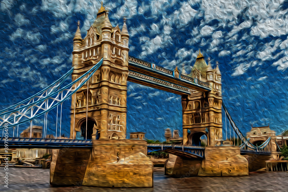 Obraz premium Tower Bridge perspective, a combined bascule and suspension bridge in London. Capital of England and the United Kingdom, is also one of the most important cities of world. Oil paint filter.
