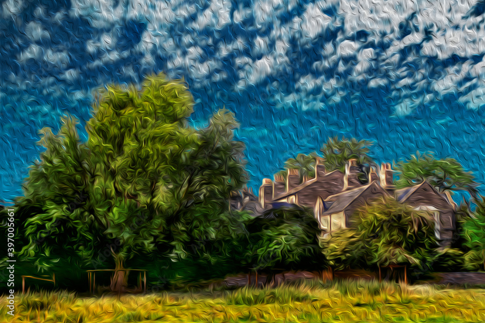 Bucolic landscape of townhouse and trees in a sunny summer day of Cambridge. A beautiful and peaceful university town in eastern England. Oil paint filter.
