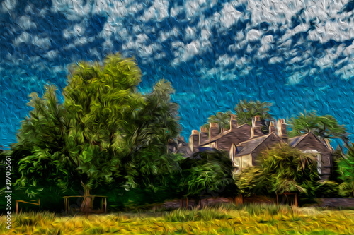 Bucolic landscape of townhouse and trees in a sunny summer day of Cambridge. A beautiful and peaceful university town in eastern England. Oil paint filter.