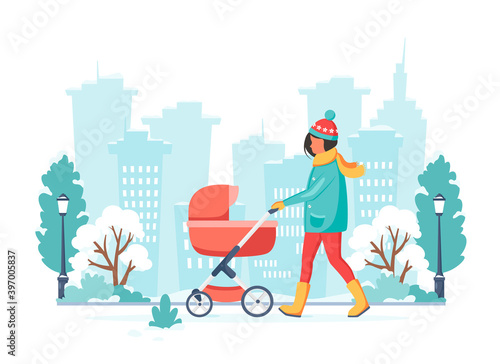Woman walking with baby carriage in winter. Outdoor activity. Vector illustration.