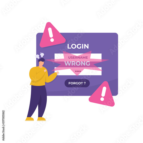 concept of forgot password, account protection, danger warning, wrong password. illustration of a man who tries to log into his account but forgets his security key. flat style. design element