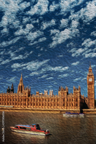 Palace of Westminster with the neo-Gothic Big Ben Tower on the banks of Thames River in London. Capital of England is also one of the most important cities of world. Oil paint filter.
