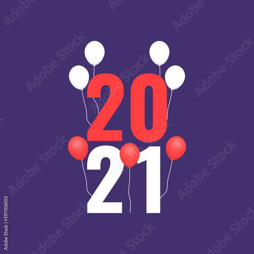 Happy new year 2021. numbers or text and balloons in red and white. Minimalist template for background element, calendar, greeting card, or banner. vector typography for 2021 and luxury design