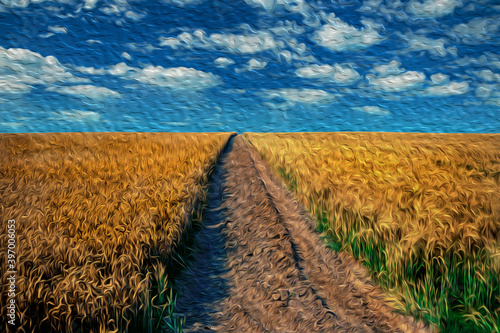 Bucolic landscape of dirt trail going through wheat field in a sunny summer day of Cambridge. A beautiful and peaceful university town in eastern England. Oil paint filter.