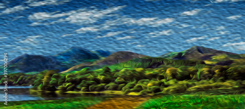 Hilly landscape with trees and fields in a sunny summer day at the Lake District. A mountain region with astonishing scenery in central England. Oil paint filter. © Celli07