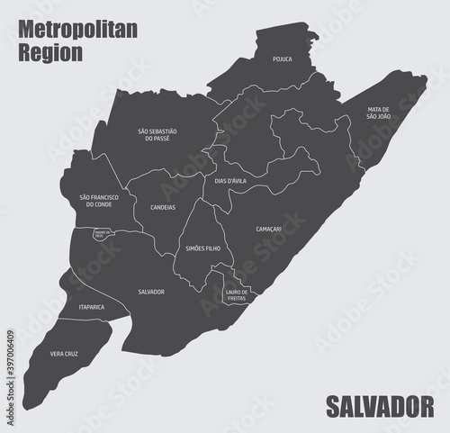 The Salvador metropolitan region isolated map with labels, Bahia State, Brazil