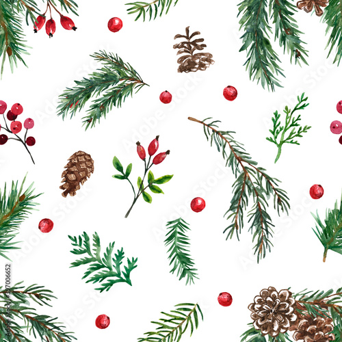 Winter greenery and berries seamless pattern. Watercolor forest plants on white background. Pine tree branches, pine cones festive print. Christmas wallpapers.