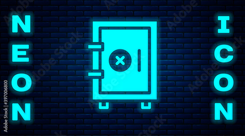 Glowing neon Safe icon isolated on brick wall background. The door safe a bank vault with a combination lock. Reliable Data Protection. Vector.