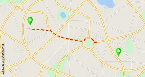 4K Looped animation. city map with green pin pointers showing distance between two locations. Seamless motion animated footage. route from one point to another point. GPS navigation on streets concept