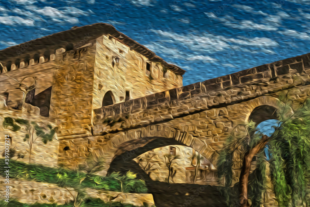 Gothic stone bridge and old building at sunset in Puente La Reina. A medieval village on the Way of St. James, a famous pilgrimage route leading to Santiago de Compostela in Spain. Oil paint filter.