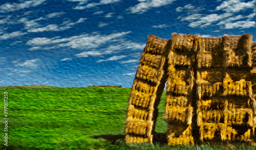 Bucolic rural landscape with colorful hay bales piled up on green field at the Way of St. James. A famous pilgrimage route leading to Santiago de Compostela in northern Spain. Oil paint filter. photo